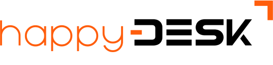 Logo d'Happy Desk, happy écrit de manière fine en orange avec un tirait entre les 2 mots large et orange. Il y a aussi écrit desk en large et noir.