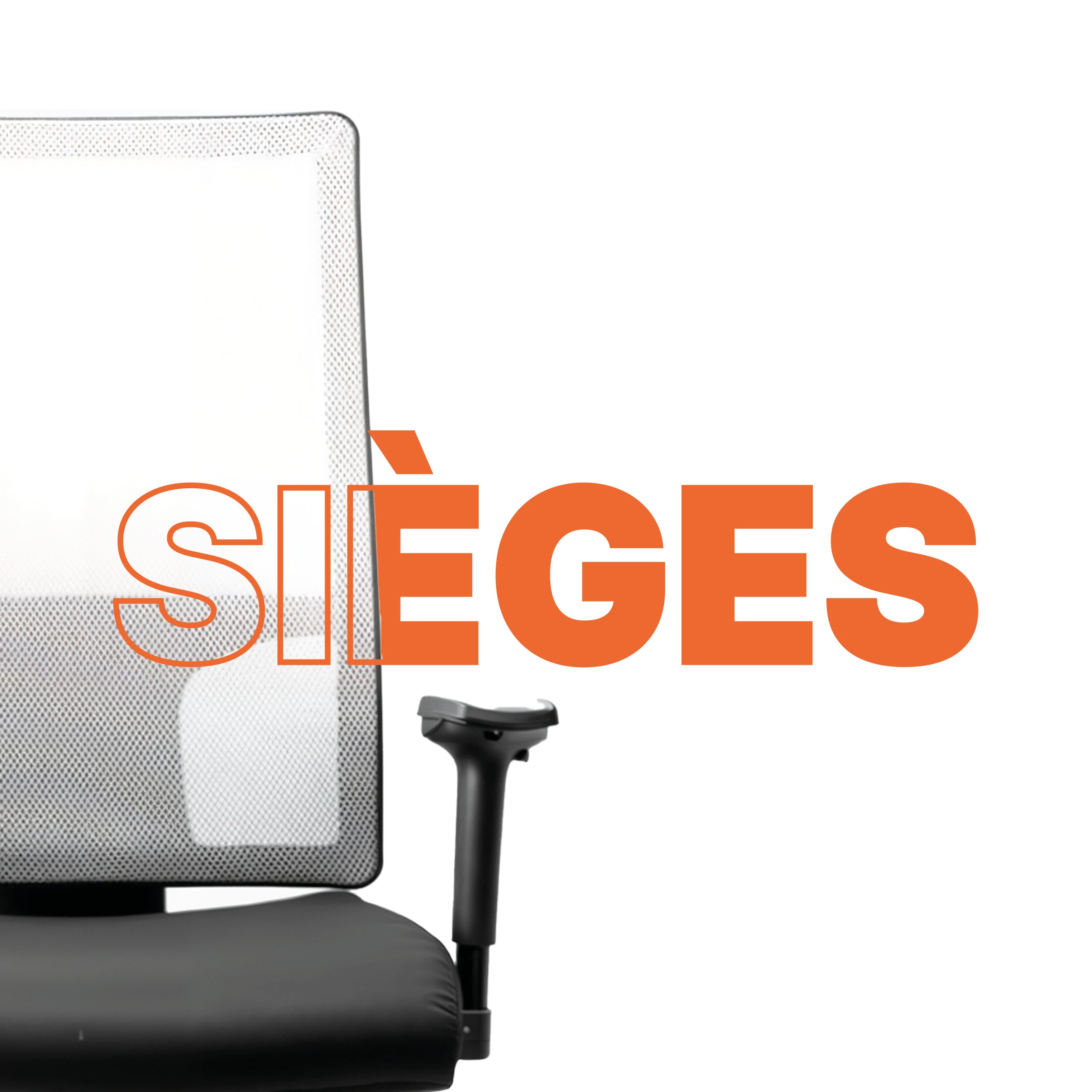 Chaise de bureau avec une assise noire et un dossier blanc en résille, vue de face avec écrit en premier plan "sièges"